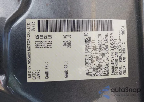 2023 Nissan Altima Sl Fwd from USA, damaged, VIN 1N4BL4EV7PN366505